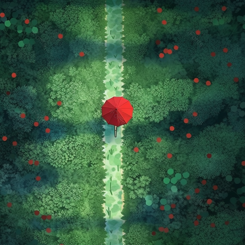 碧绿的丛林小路中间撑起一把红色的伞创意插画背景,插画/手绘图,插画/手绘图库,插画/手绘图下载,插画/手绘